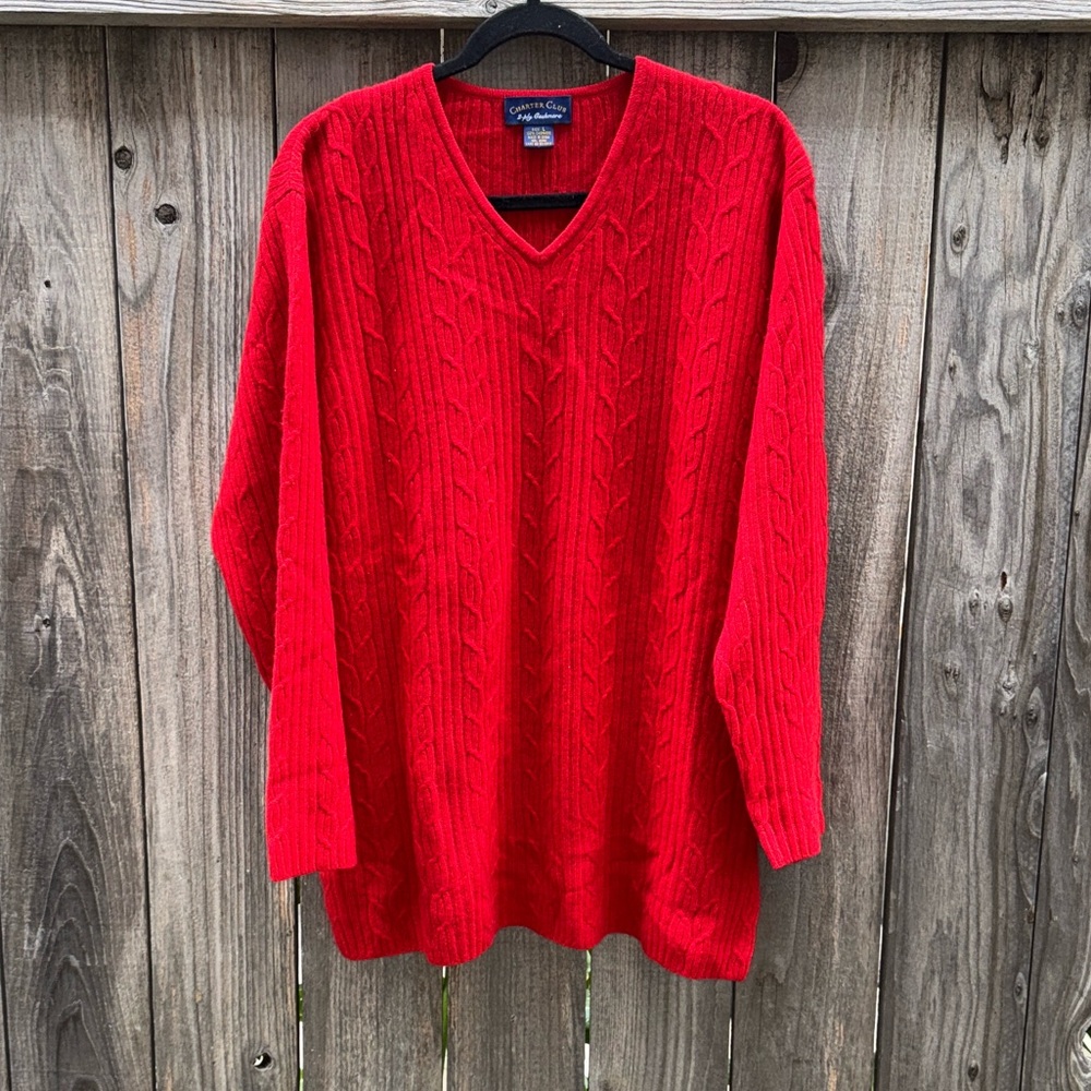 CHARTER Club 100% 2-Ply Cashmere Luxury Cable Knit Red V Neck  Sweater Size Lg